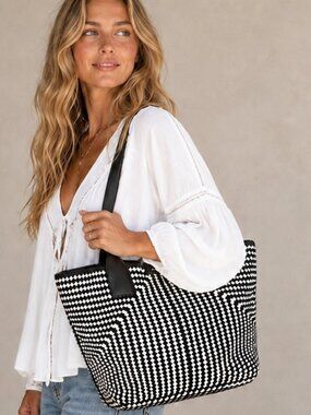KARL LAGERFELD PARIS Henriette Black White Crochet Woven Large Tote Bag NWOT